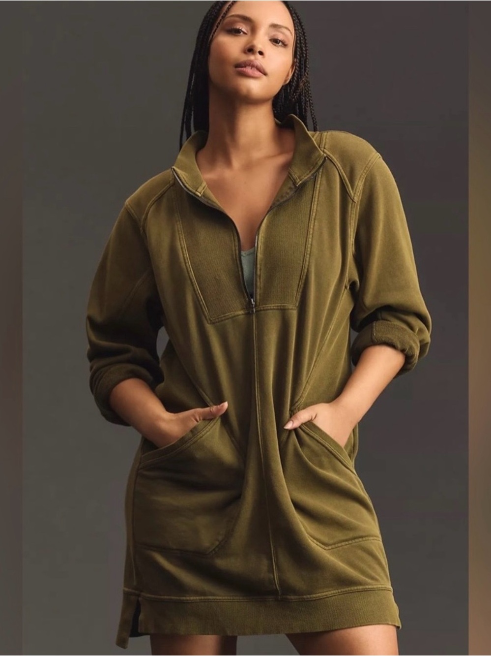 Daily Practice Olive Green Zip-Front Sweatshirt Dress by Anthropologie 3X